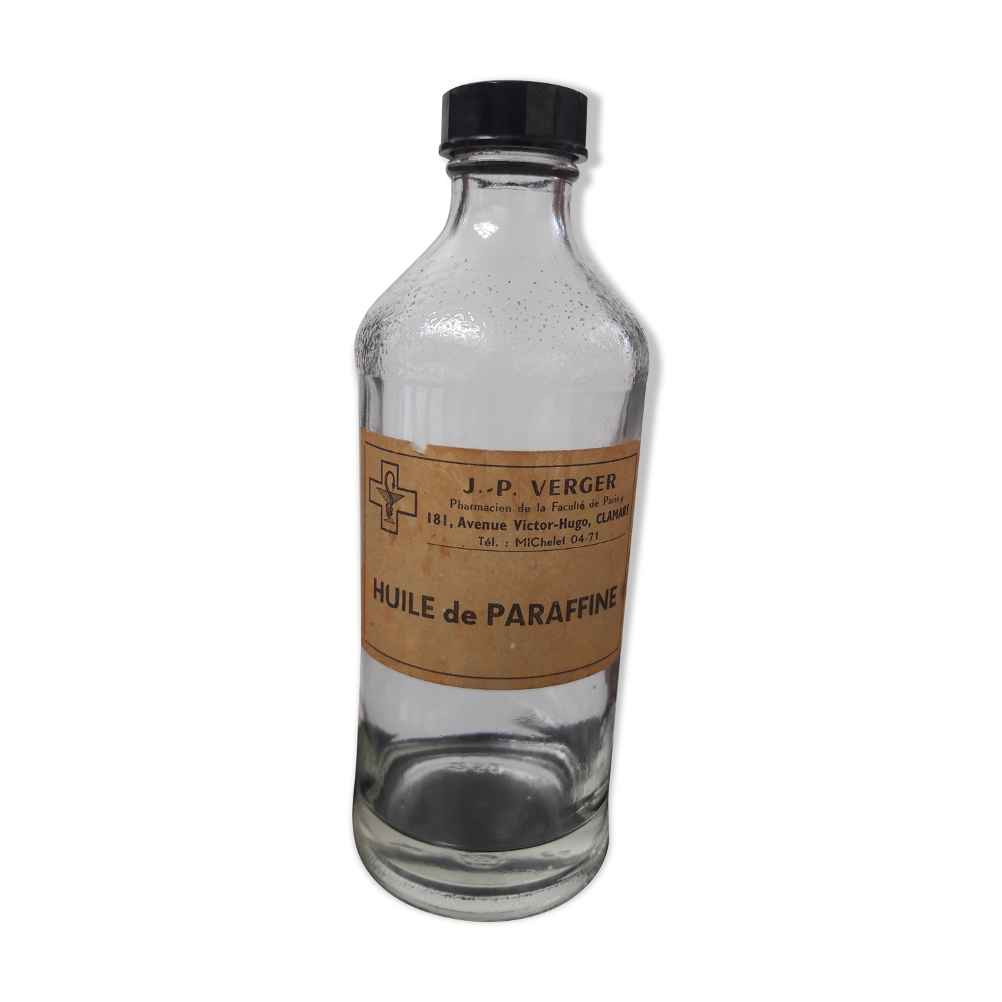 Old bottle glass bottle pharmacy apothecary paraffin oil clamart