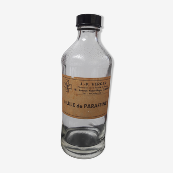 Ancienne bouteille flacon en verre pharmacie apothicaire huile de paraffine clamart