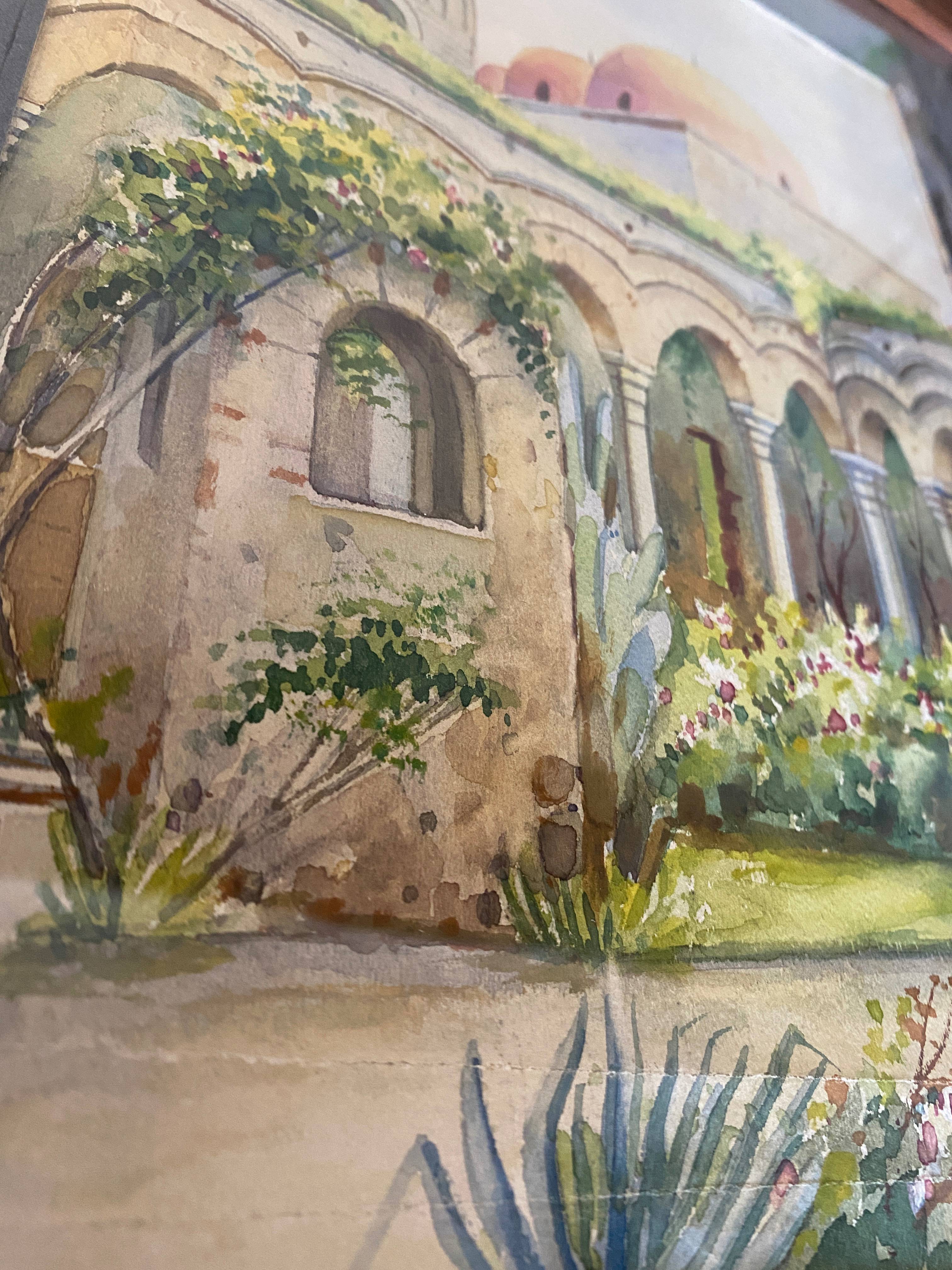 Orientalist watercolor painting "the Patio" signed + pitchpin frame