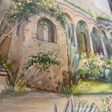 Orientalist watercolor painting "the Patio" signed + pitchpin frame