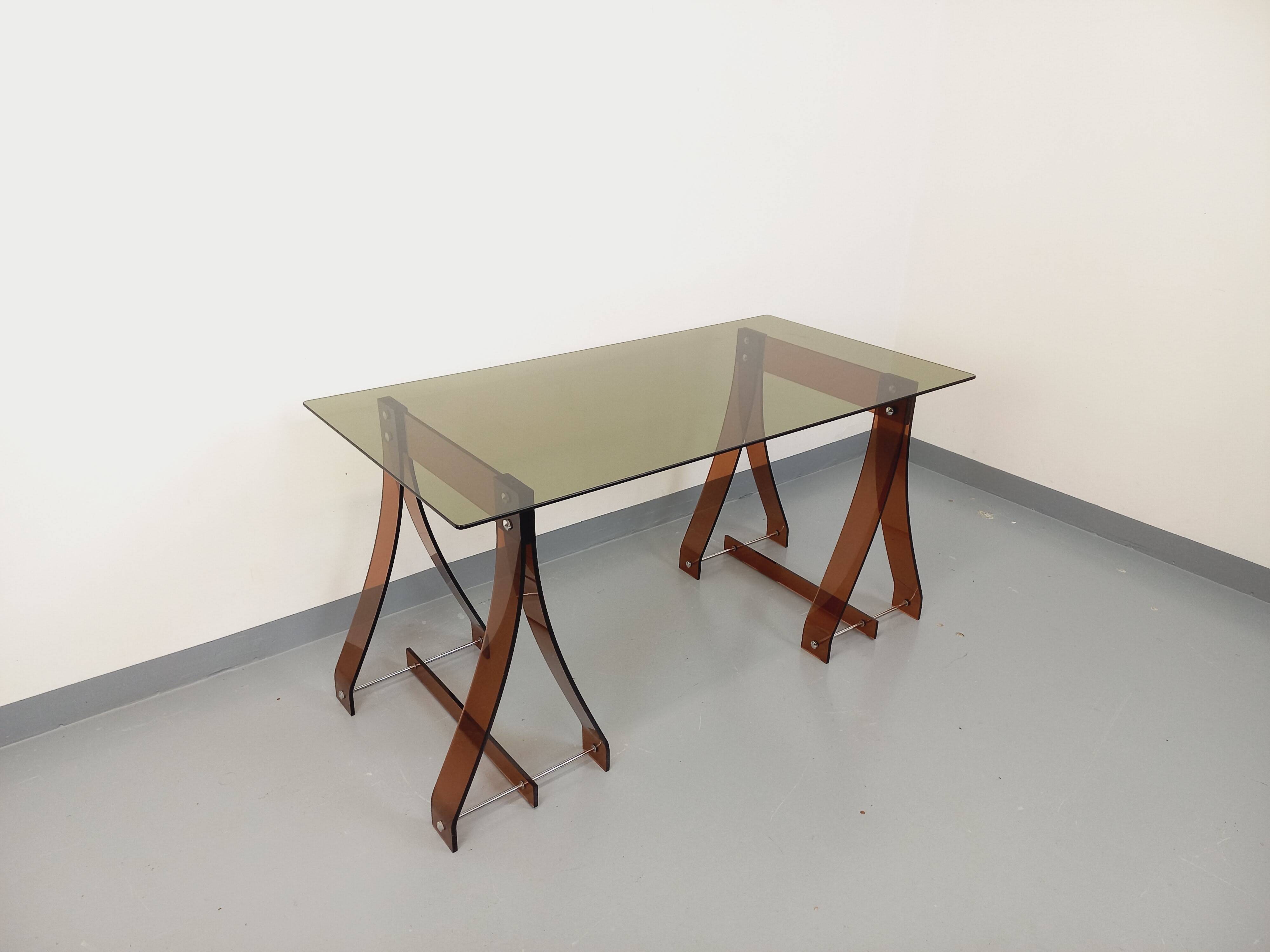 Vintage Marcello Gacita and Pierre Tiberi desk in smoked glass and plexiglass