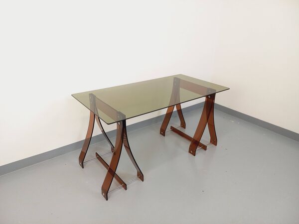 Bureau vintage Marcello Gacita et Pierre Tiberi en verre fumé et plexiglas