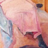 Huile sur toile - non signée - représente une femme assise à côté d'un vase de fleurs.