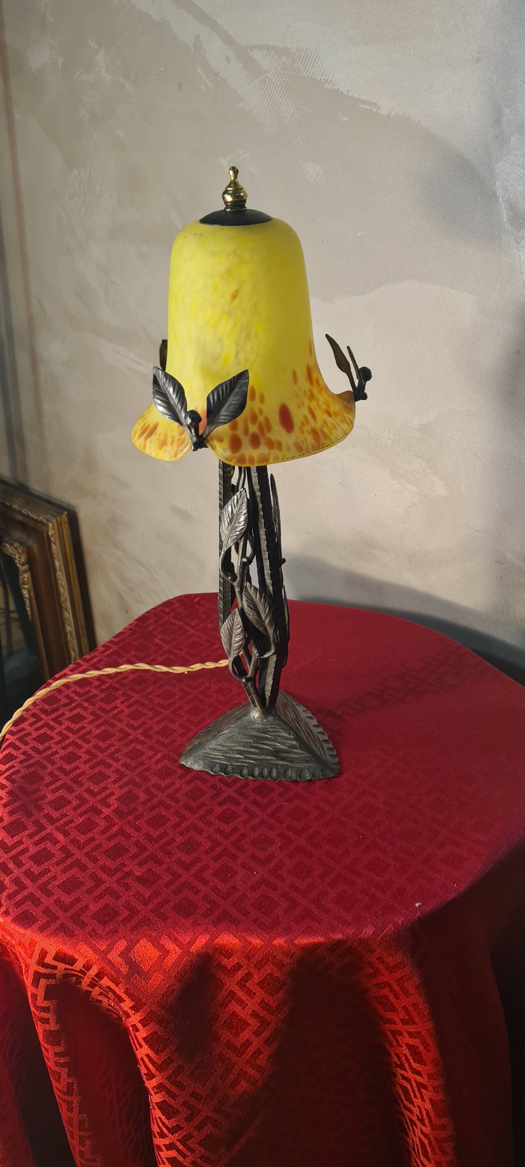 Wrought iron lamp Brandt style 40x17 tulip jane pate verre