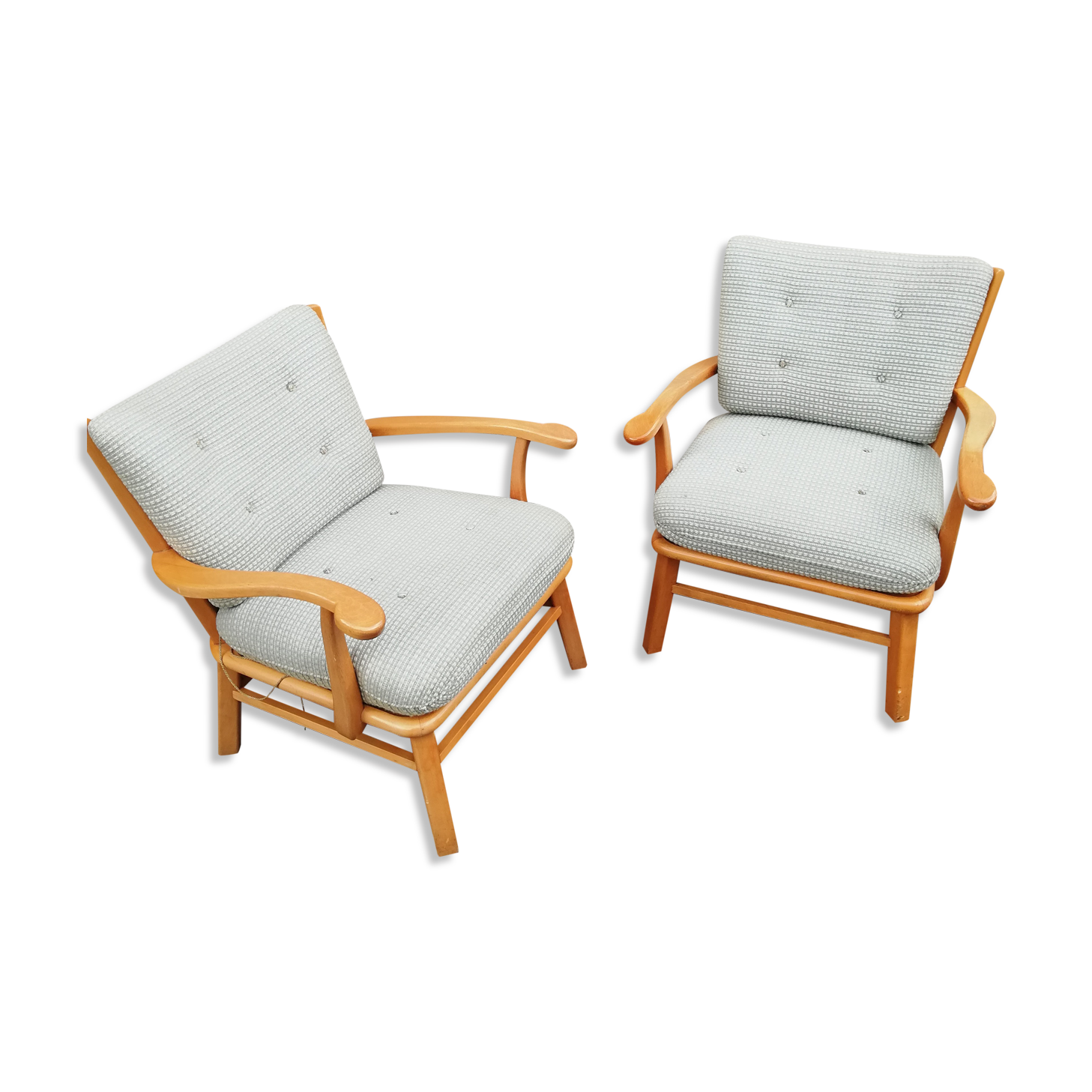 Pair of vintage pastel green fabric armchairs