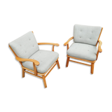 Pair of vintage pastel green fabric armchairs