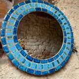 Round ceramic mirror with blue mosaic decor circa 1960