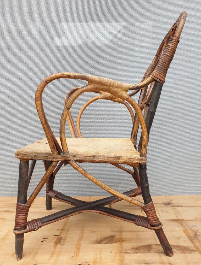 Children's armchair 1890 Chestnut, Rattan and damask velvet