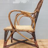 Fauteuil enfant 1890 châtaigner, rotin et velours damassé