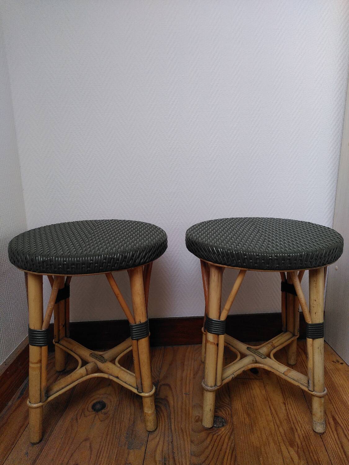 Pair of rattan stools, Maison Drucker