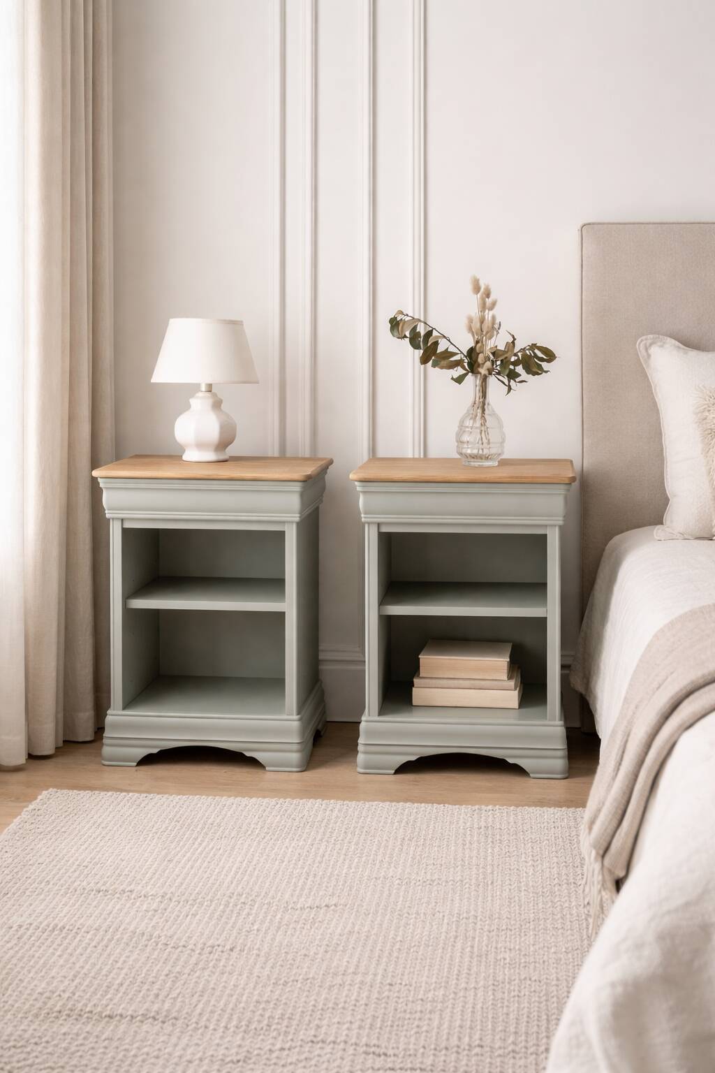 2 Louis Philippe style bedside tables reimagined in grey-green, wooden top.