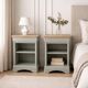 2 Louis Philippe style bedside tables reimagined in grey-green, wooden top.