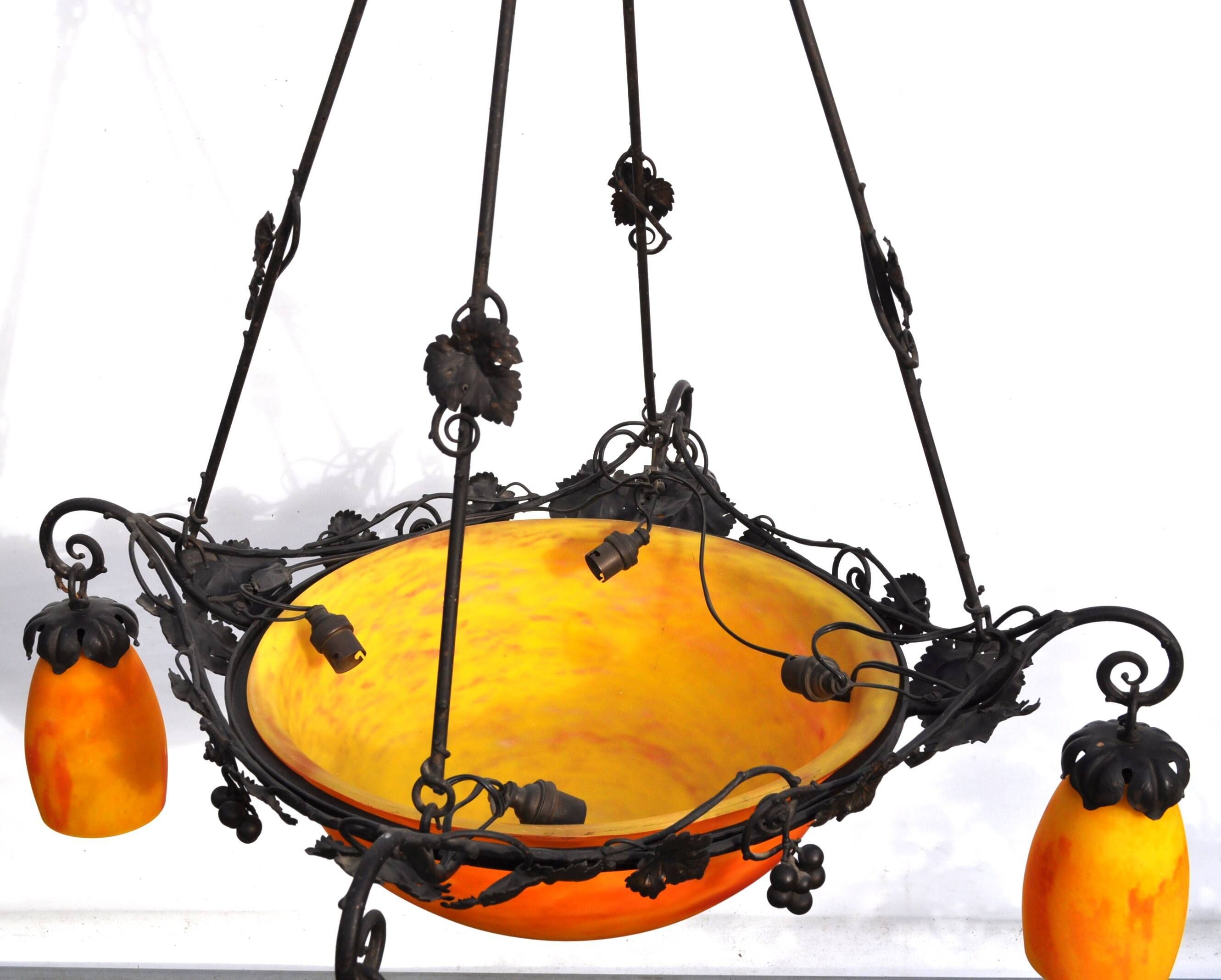 "DAUM Nancy" chandelier in glass paste & wrought iron - Art Nouveau early 1900'