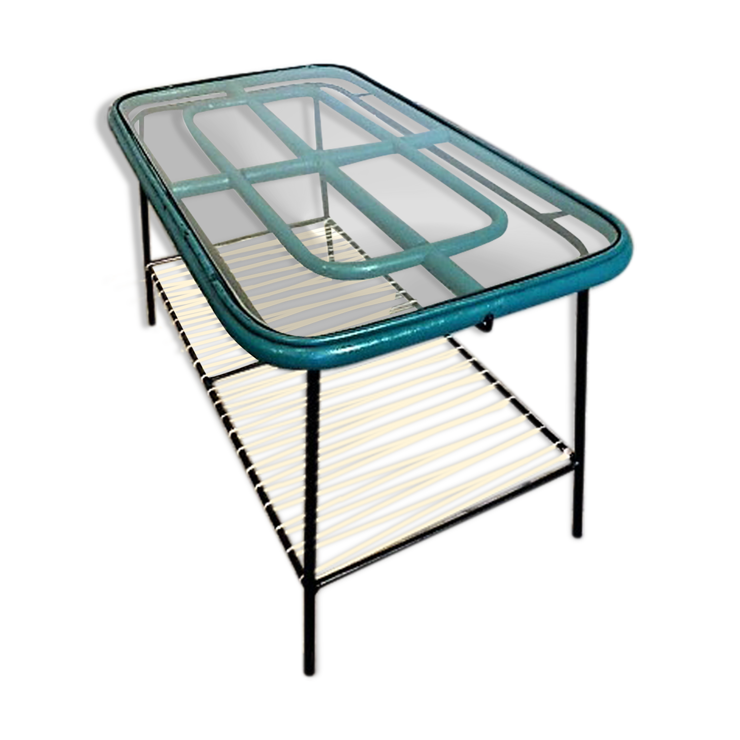 Table basse en rotin, métal et corde 1960
