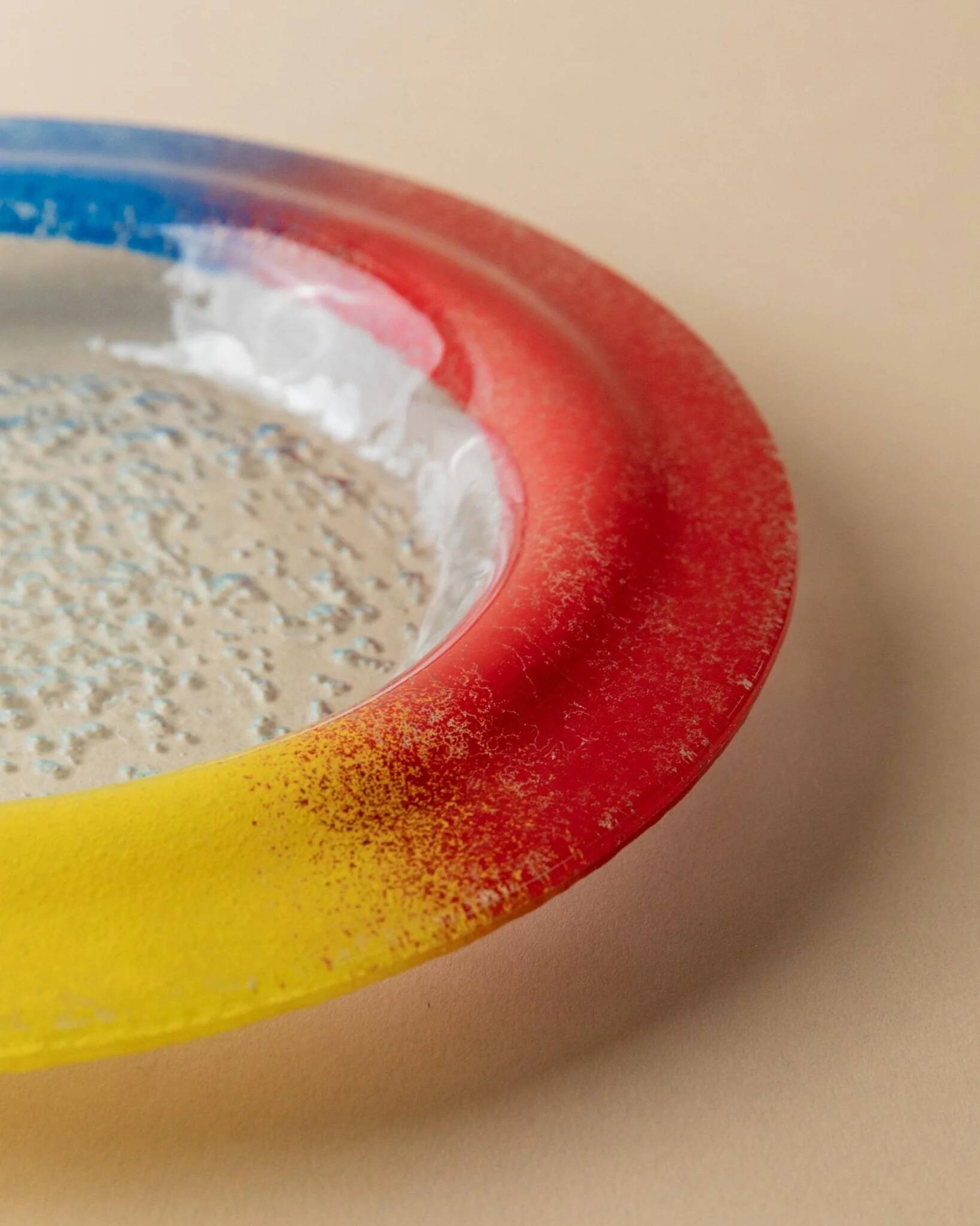 Vintage Murano glass bowl - blue, red, and yellow glass with bubbles - Italy 1980s - Pop Art design
