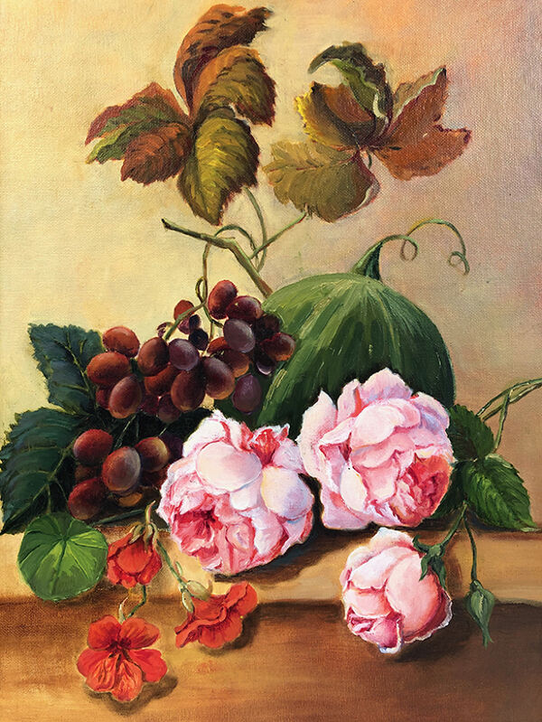 Fleurs et fruits, huile sur carton entoilé XXe