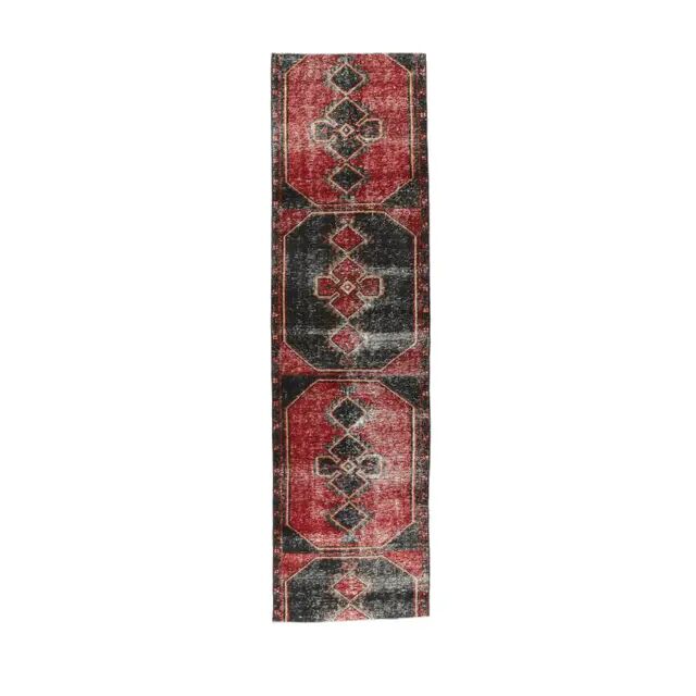 Geometric Turkish hand-knotted red distressed runner 88x321