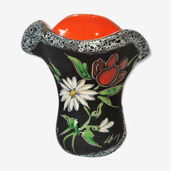 Ceramic vase with corolla fata lava decoration enamelled flowers orange black white