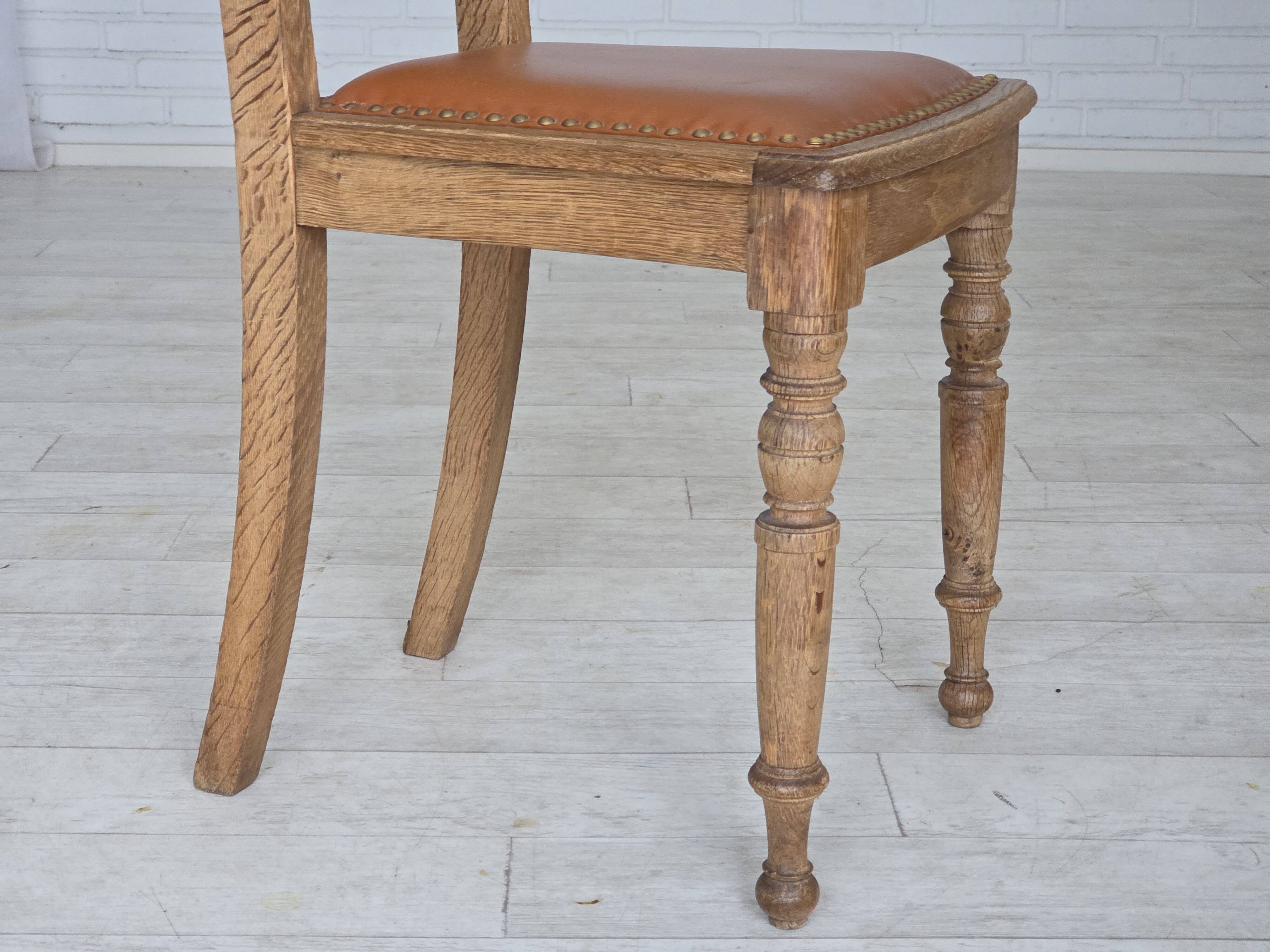 1930s, set of 4 Danish dining chairs, carved oak wood, furniture leather.