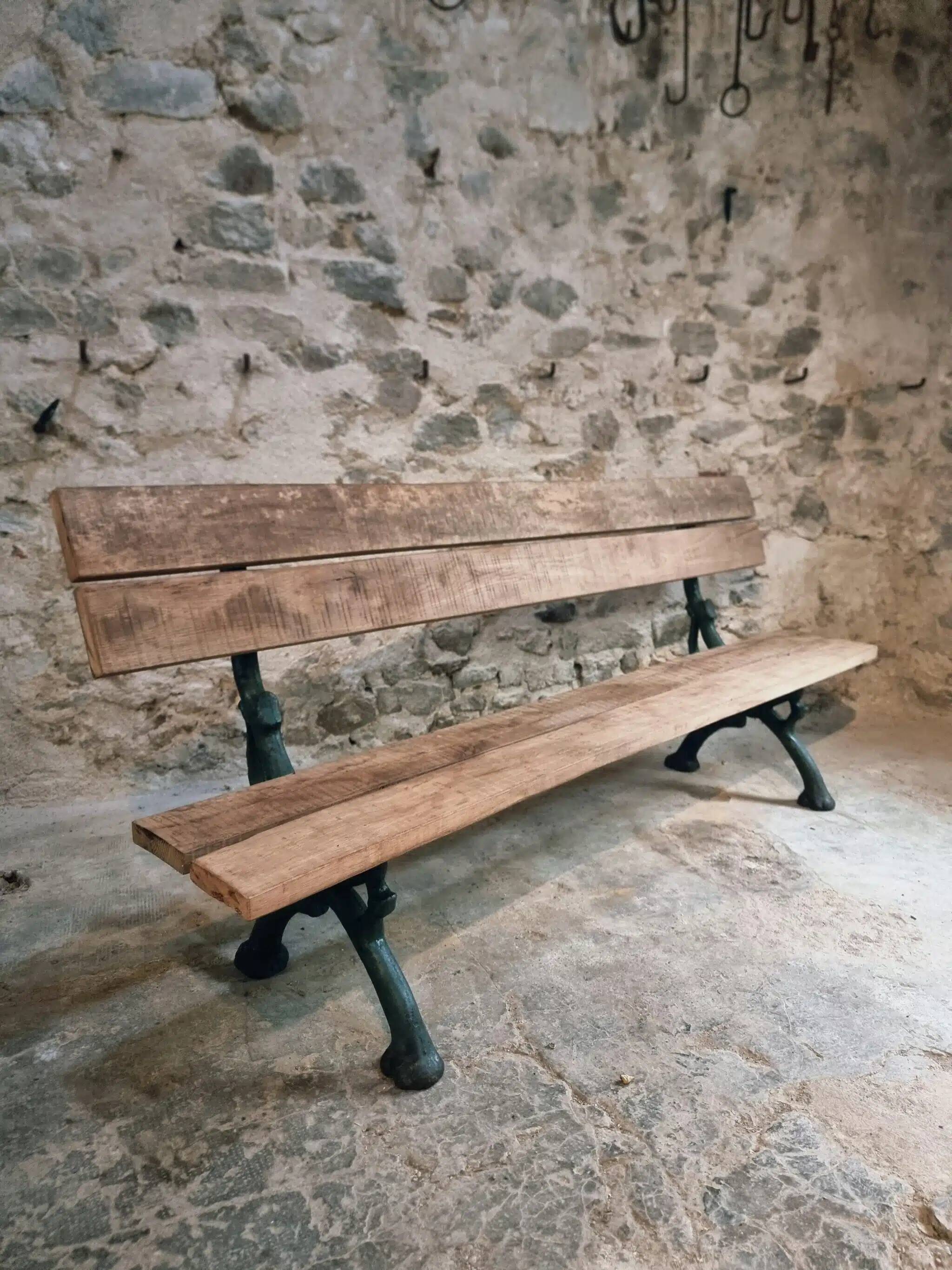 Antique French park bench in cast iron and oak – Sea green patina, 220 cm