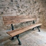 Antique French park bench in cast iron and oak – Sea green patina, 220 cm