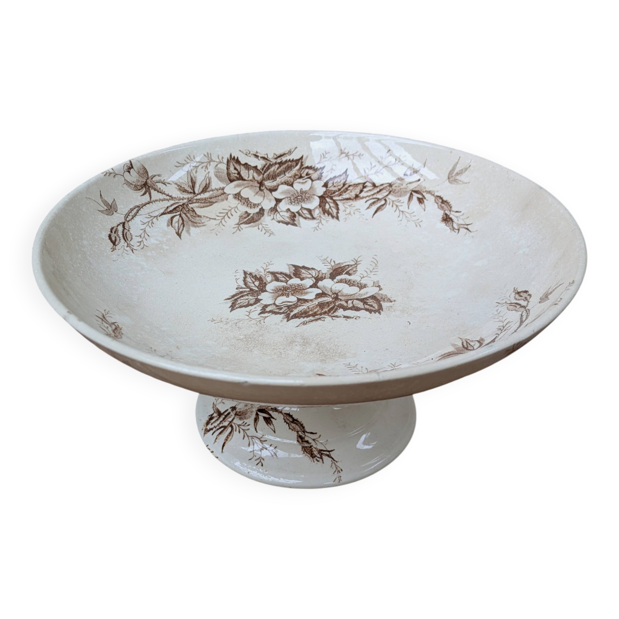 Compotier plat de service en Terre de Fer HB & Cie décor floral marron