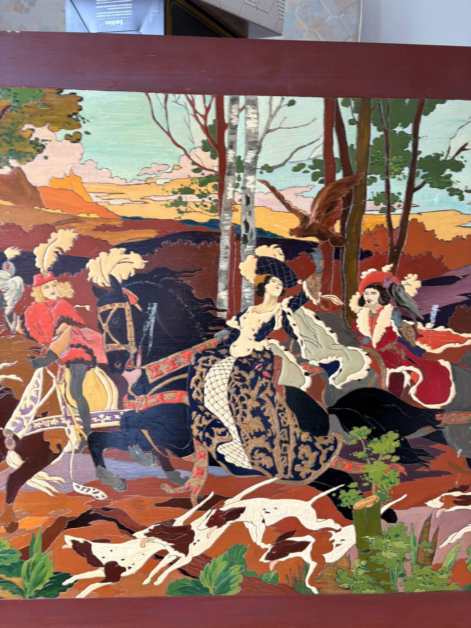 Table Painting Wood Carving Hunting Scene Dog Signed 130x70