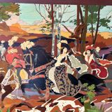 Table Painting Wood Carving Hunting Scene Dog Signed 130x70