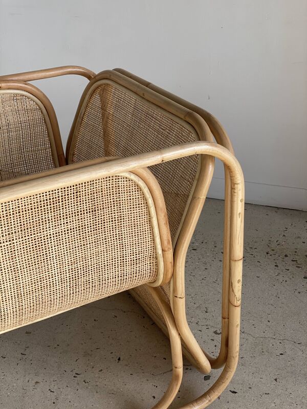 Fauteuil Amsterdam en rotin accoudoir en U, cannage quadrillé