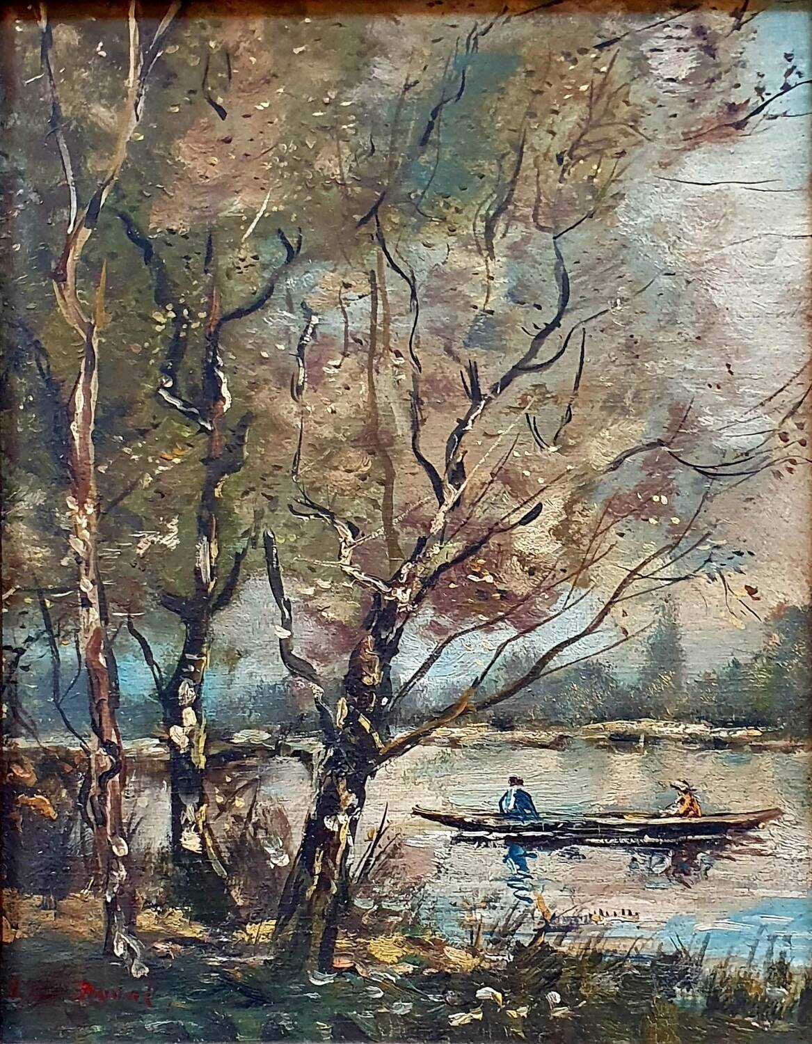 Tableau ancien la promenade en barque Signé Duval