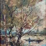 Tableau ancien la promenade en barque Signé Duval