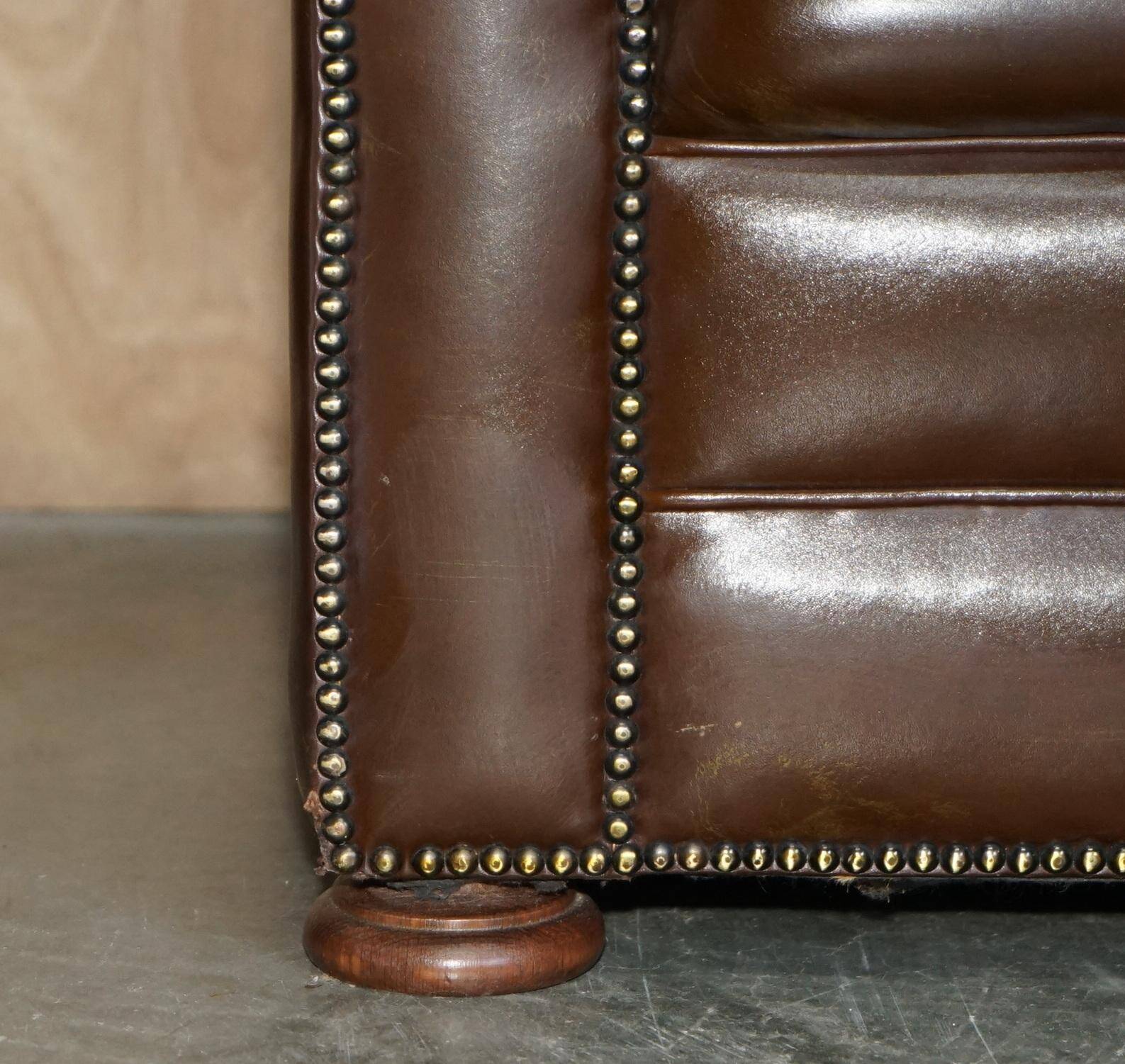 Restored Chesterfield leather sofa in vintage Art Deco style
