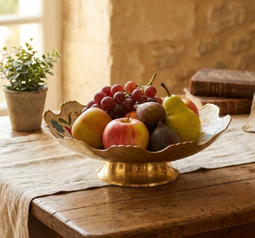 Vintage Enamelled Brass Fruit Bowl – Floral Centrepiece with Edge Fe