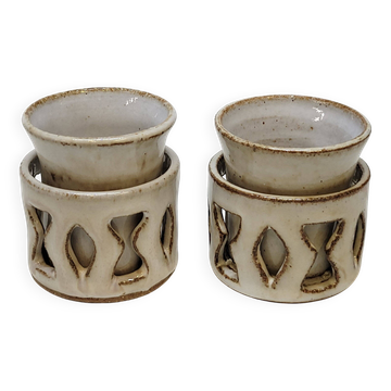2 Ceramic Stoneware Egg Cups Signed by a Ceramist to Identify