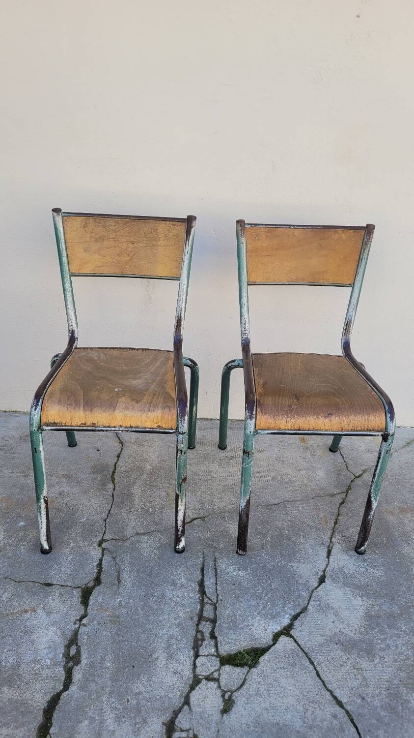 Pair of vintage Mullca metal school chairs 1950s