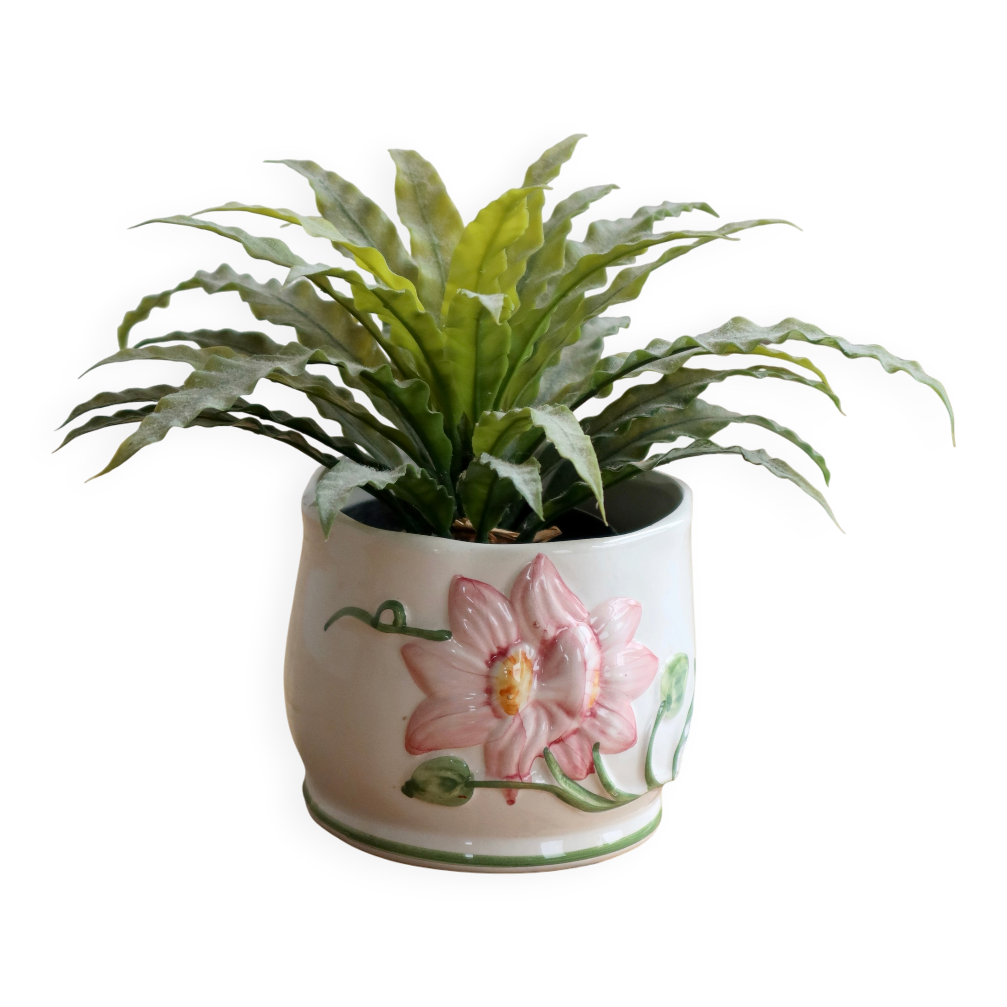 Petit cache-pot vintage en barbotine à décor de fleur rose