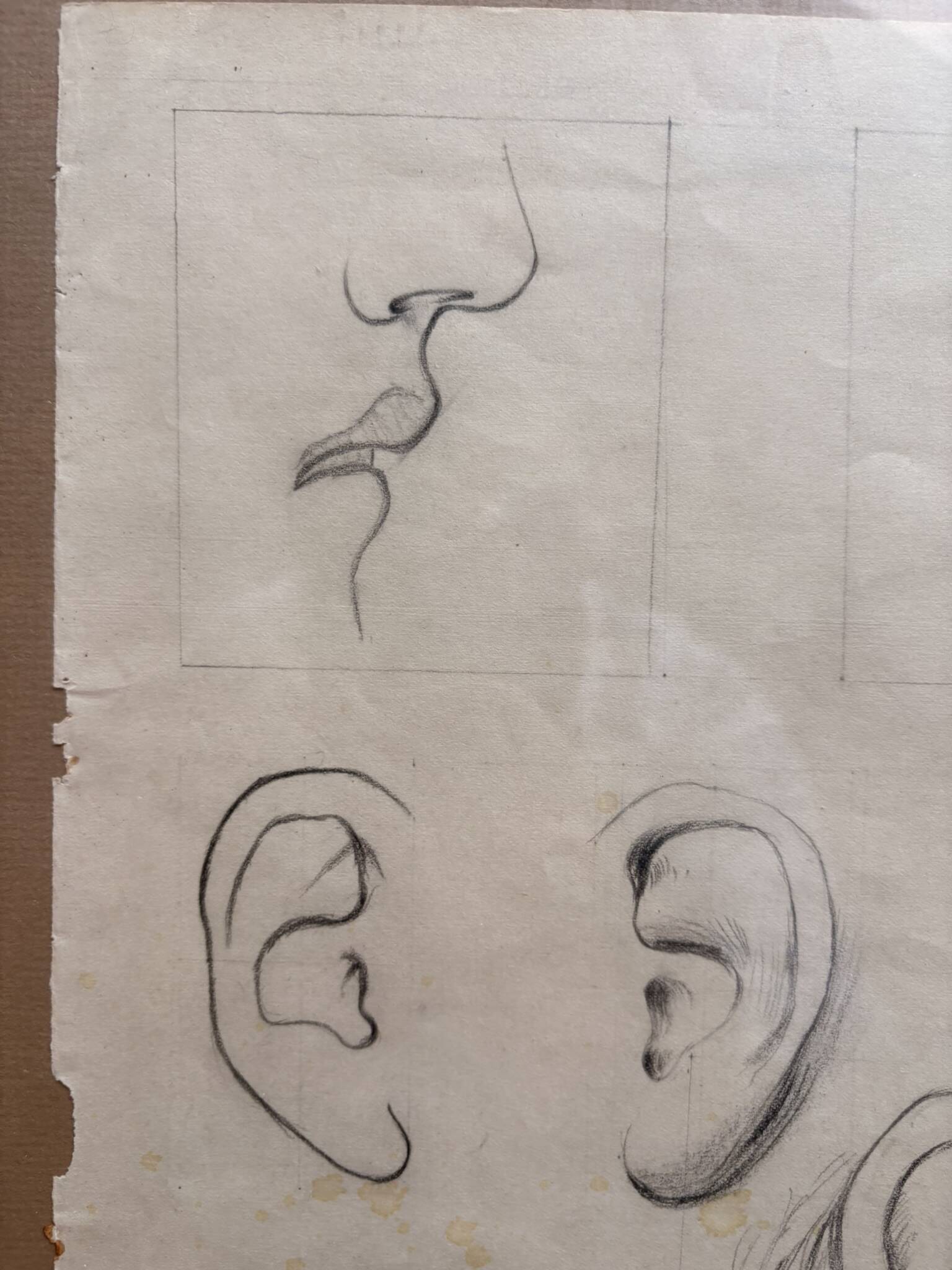 Old Charcoal Drawing Study Sketch Ear Mouth Face 1915 Signed