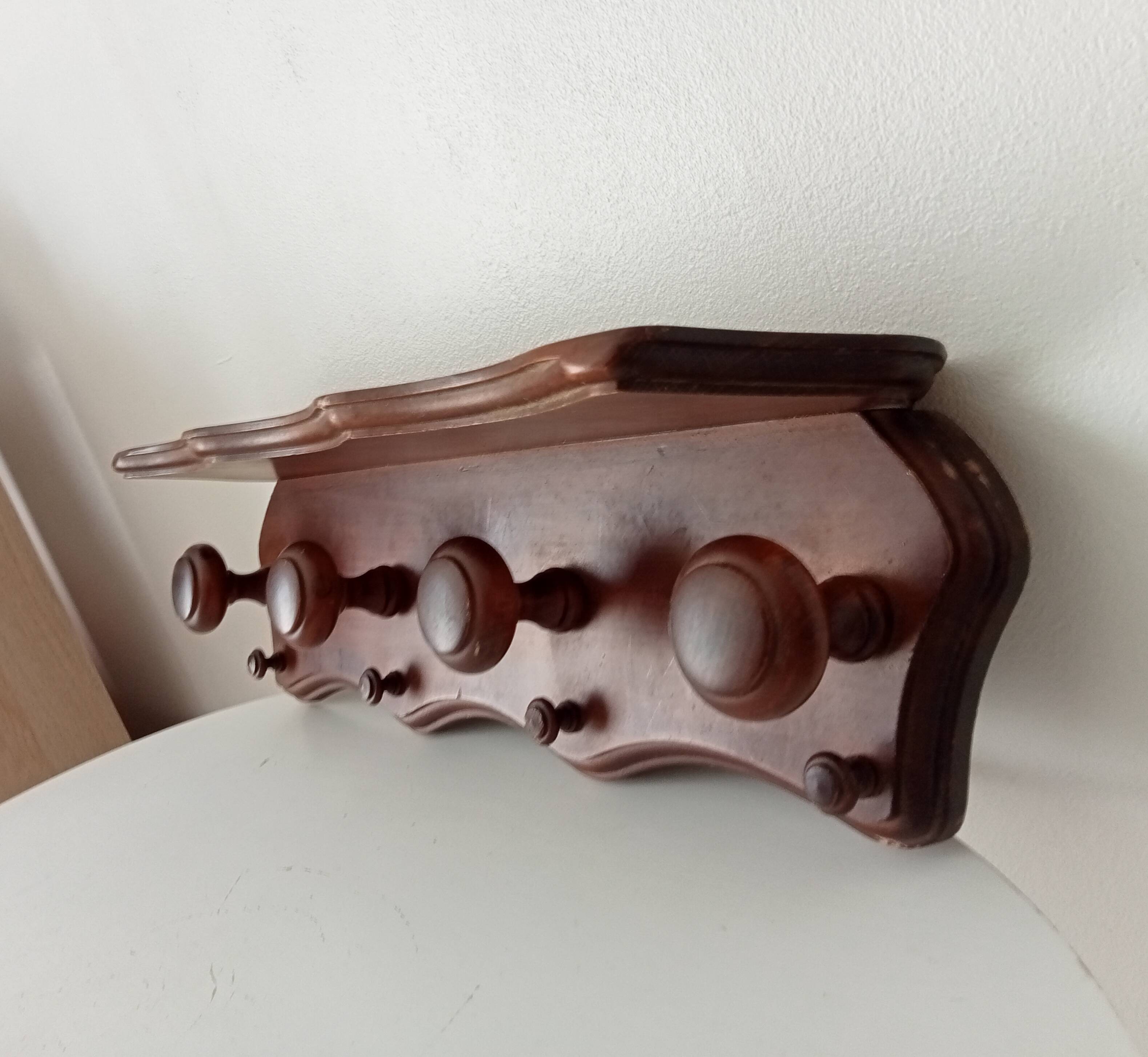 Vintage wall-mounted coat rack in solid oak