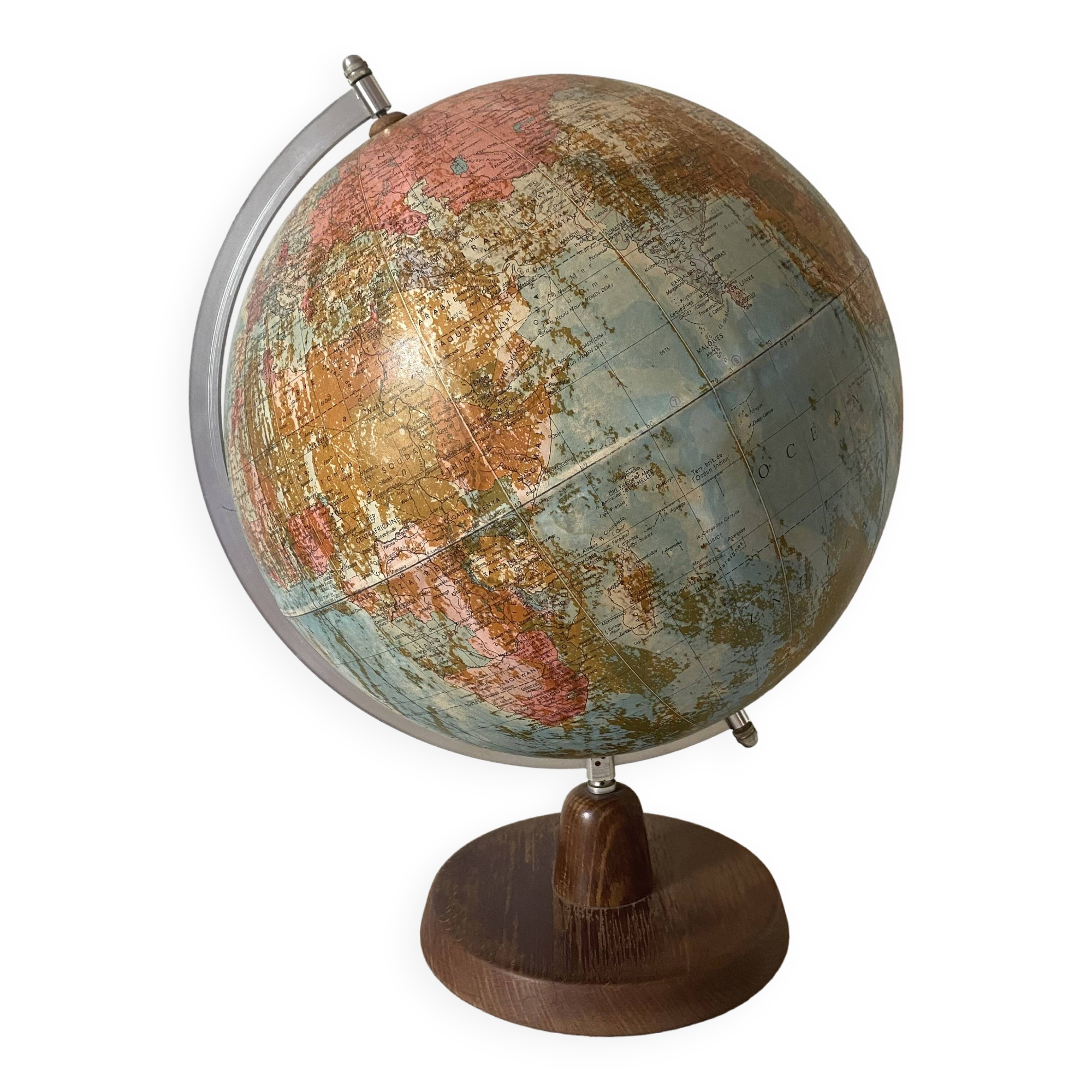 Old terrestrial globe with wooden base H46 cm