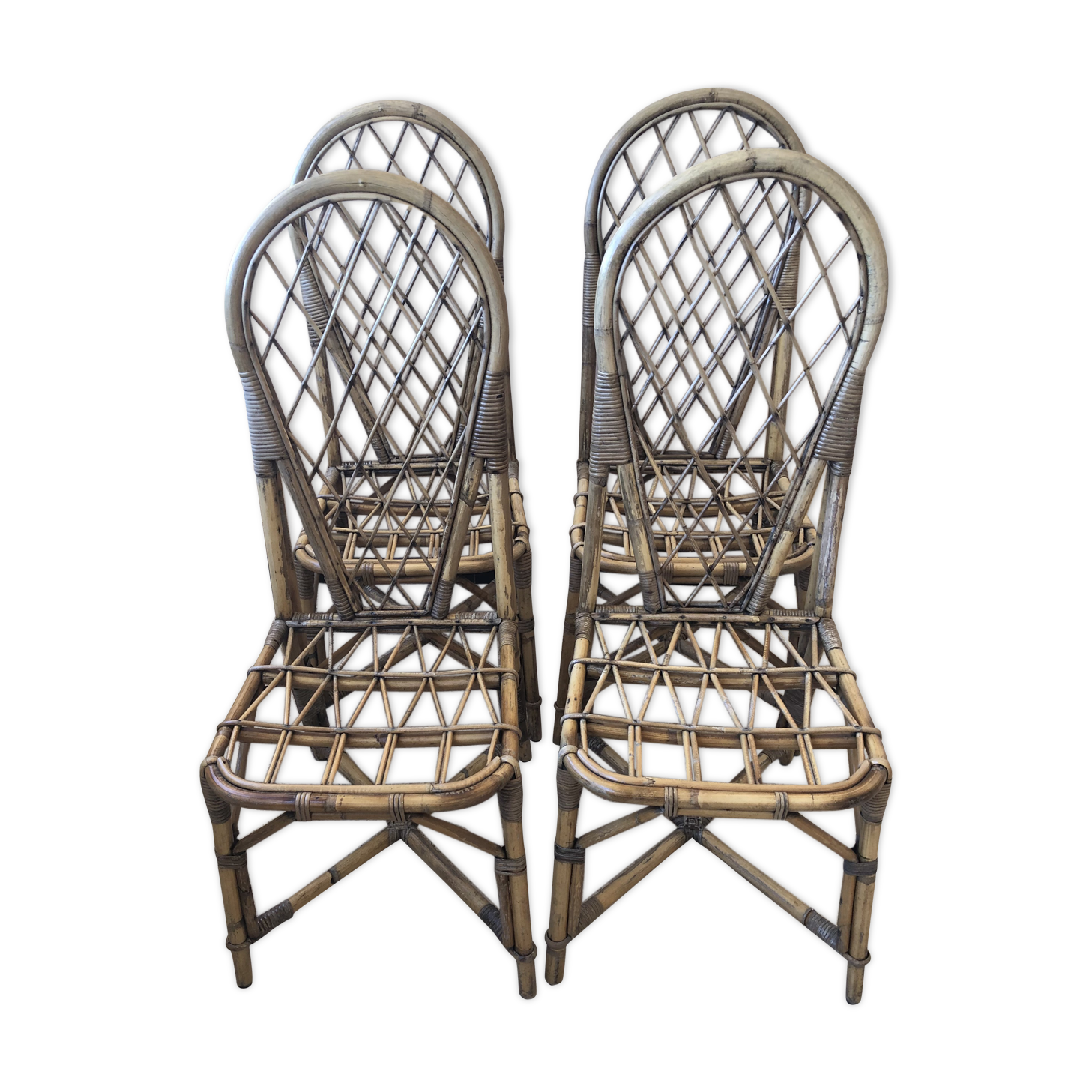 Series of 4 vintage rattan chairs