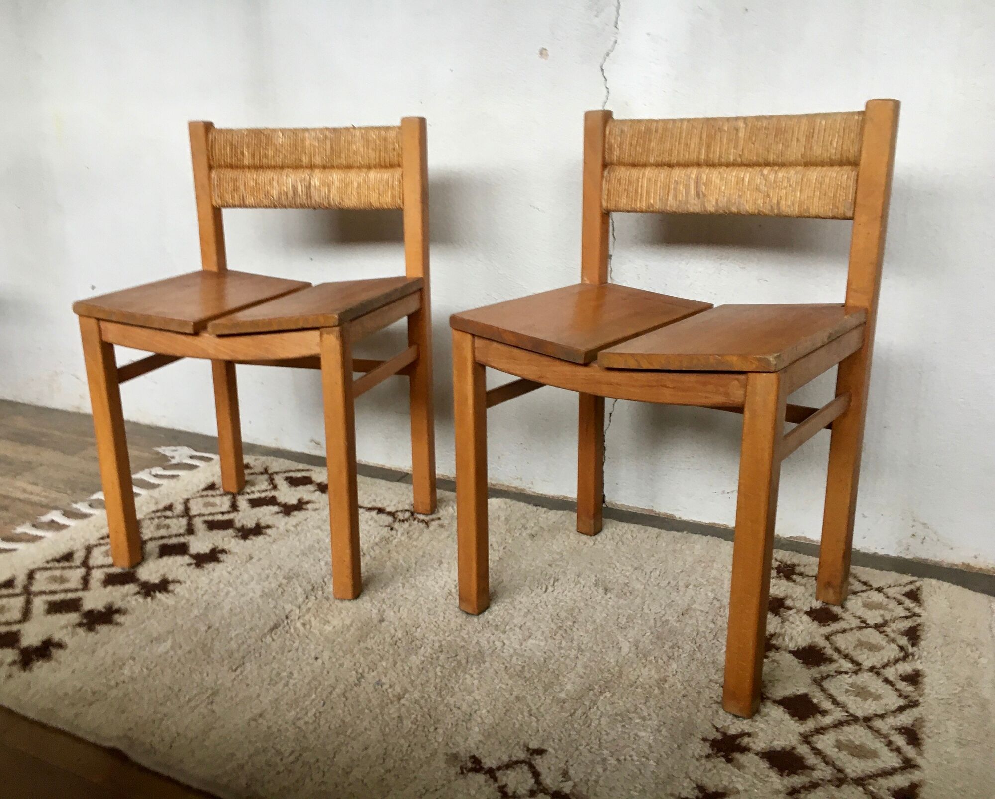 Pair of straw and elm chairs