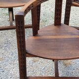 Set of three brutalist tripod armchairs in carved solid oak