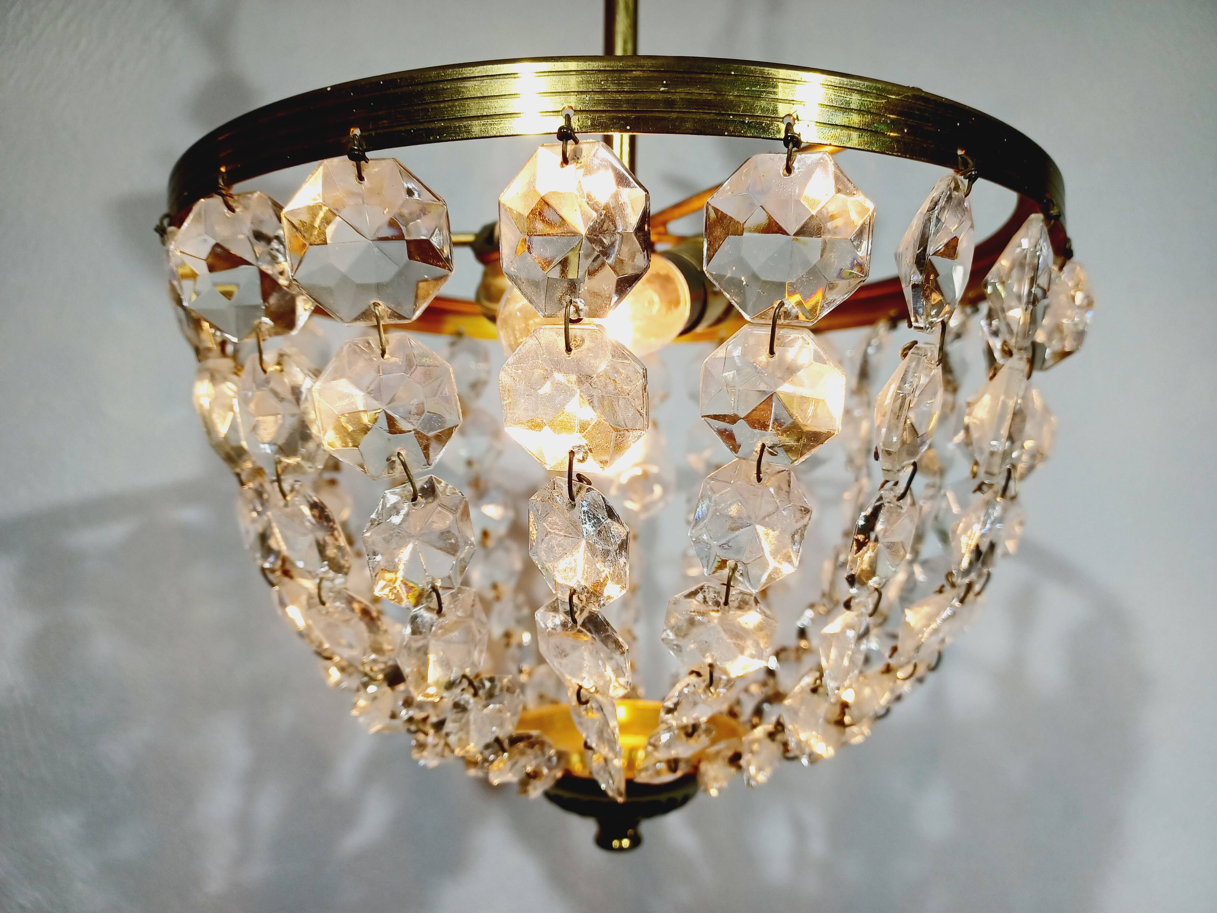 Plafonnier 2 lumières Laiton Et Cristal