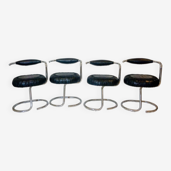 4 Chaises Cobra en Cuir Noir par Giotto Stoppino, 1970s