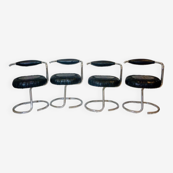 4 Cobra Chairs in Black Leather by Giotto Stoppino, 1970s