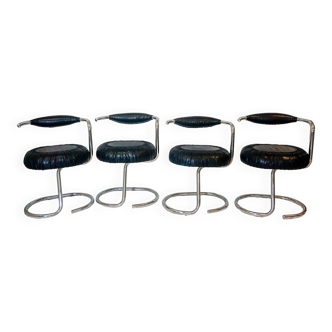 4 Chaises Cobra en Cuir Noir par Giotto Stoppino, 1970s