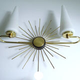 Pair of vintage sconces, sun, glass and brass, 60s
