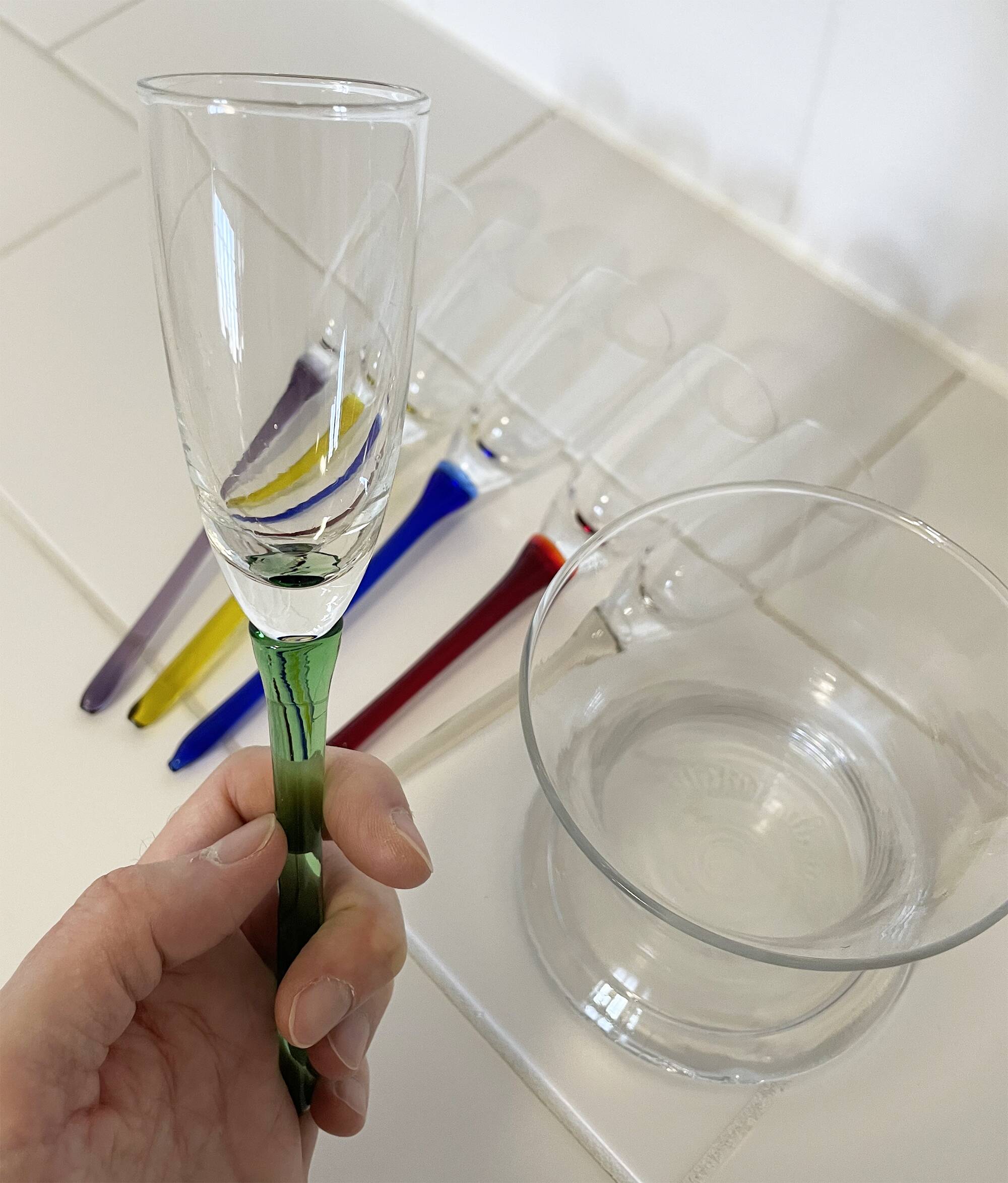 Set of 6 Vintage Champagne Flutes with Stand, German Handblown Glass