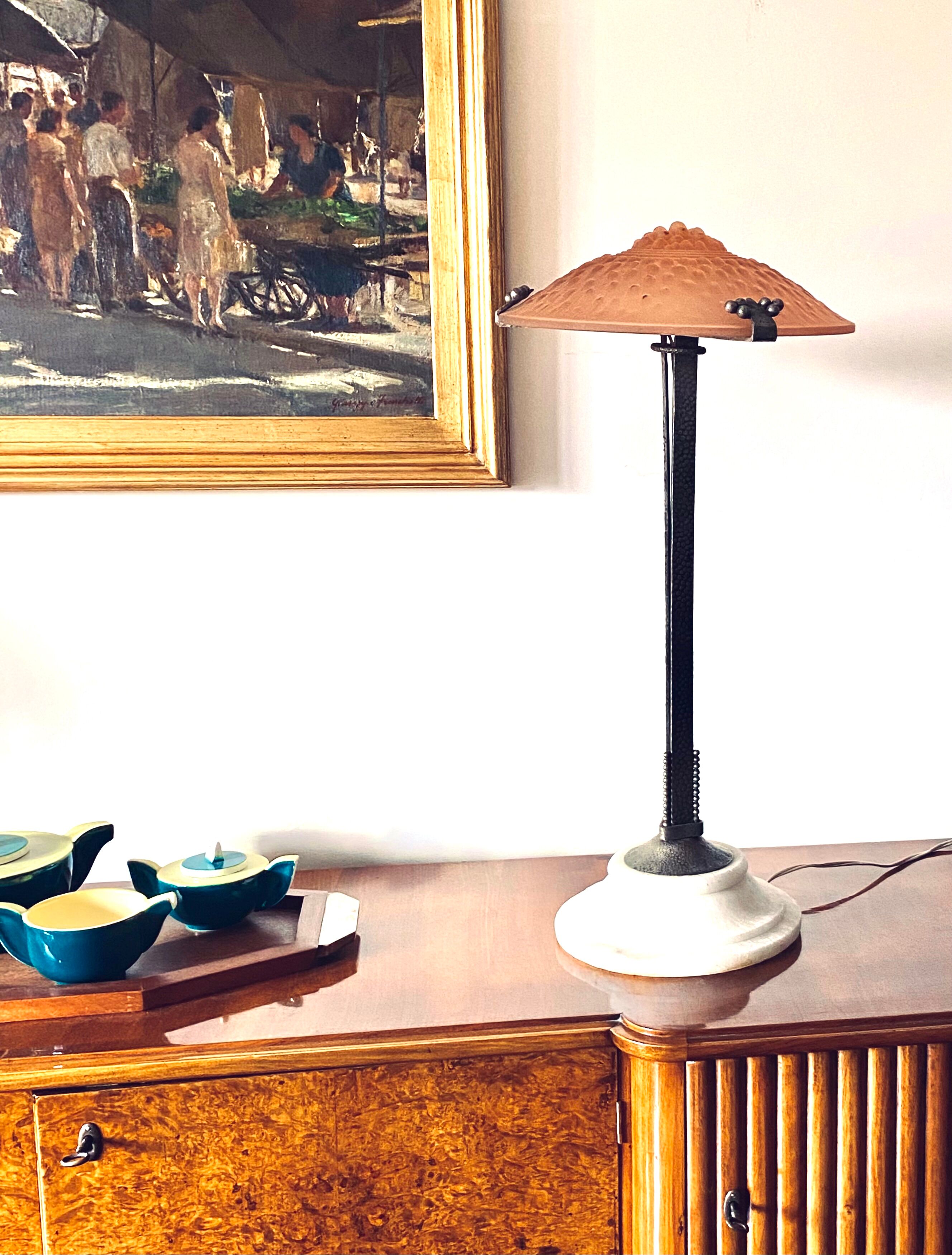 Monumental art deco pink table lamp, Muller frères Luneville, France, ca 1920s