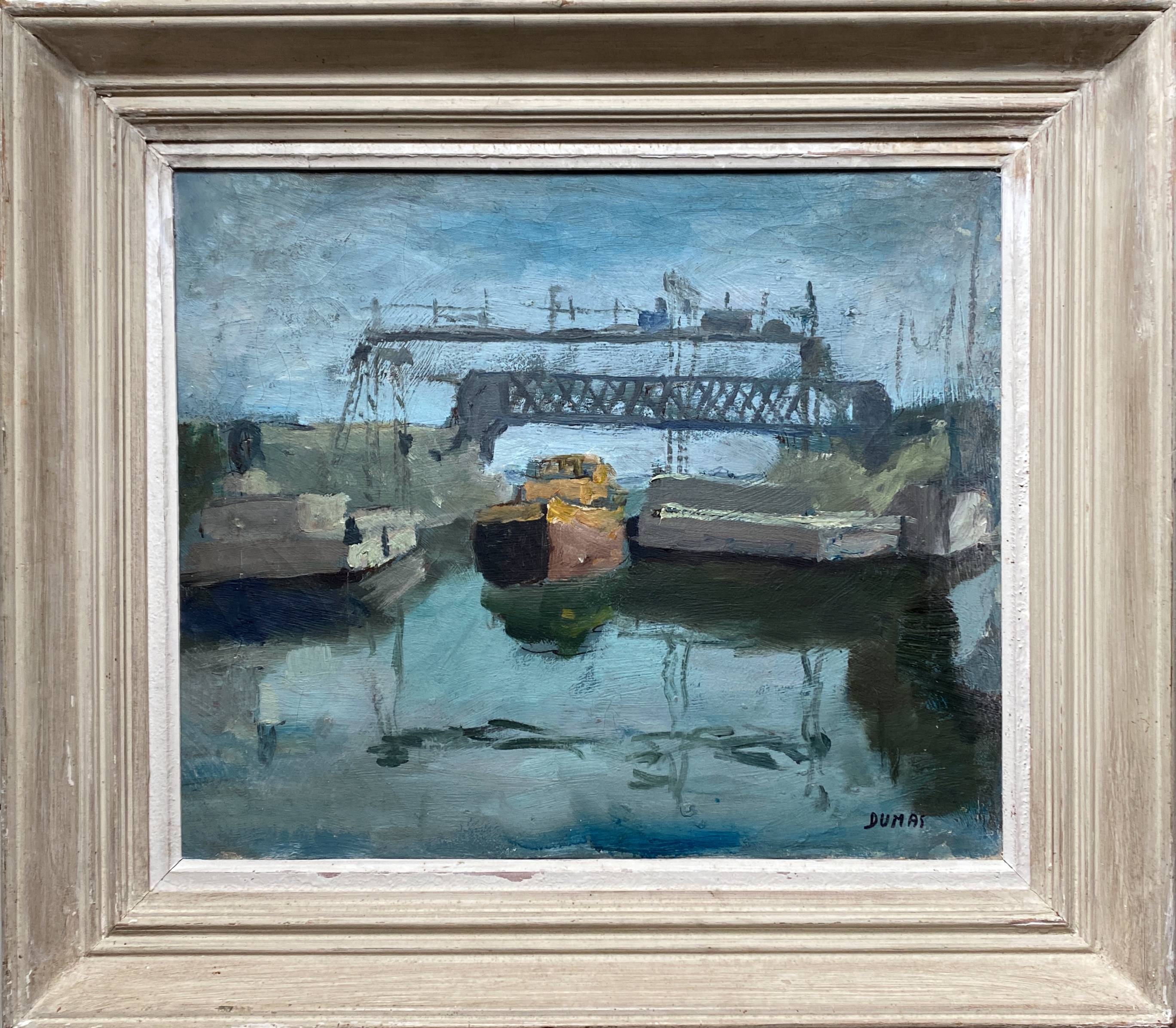 HST painting "The Canal with barges" Post impressionist signed Dumas + frame